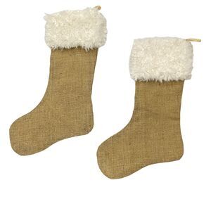 Twentyeight 12 Burlap Christmas Stockings Fur Trim Set of 2 Tan Ivory 18" x 12"